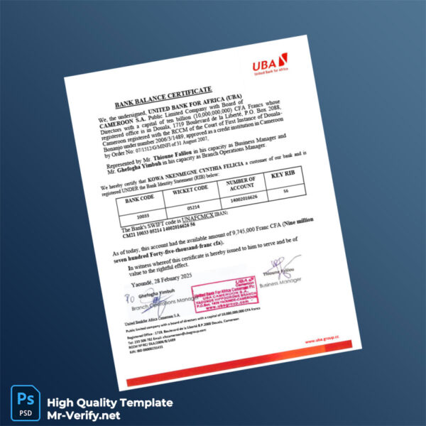 Cameroon United Bank for Africa Bank Statement Template in Word and PDF formats