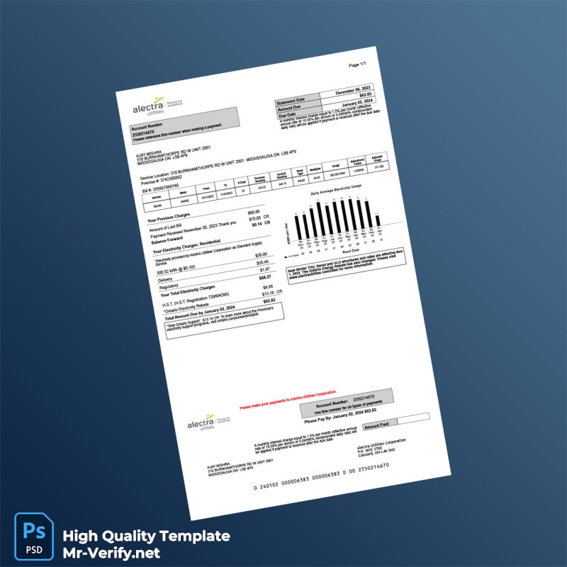 Canada Alectra Utilities Editable Electricity Bill Template in Word and PDF formats Canada Alectra Utilities Editable Electricity Bill Template in Word and PDF formats