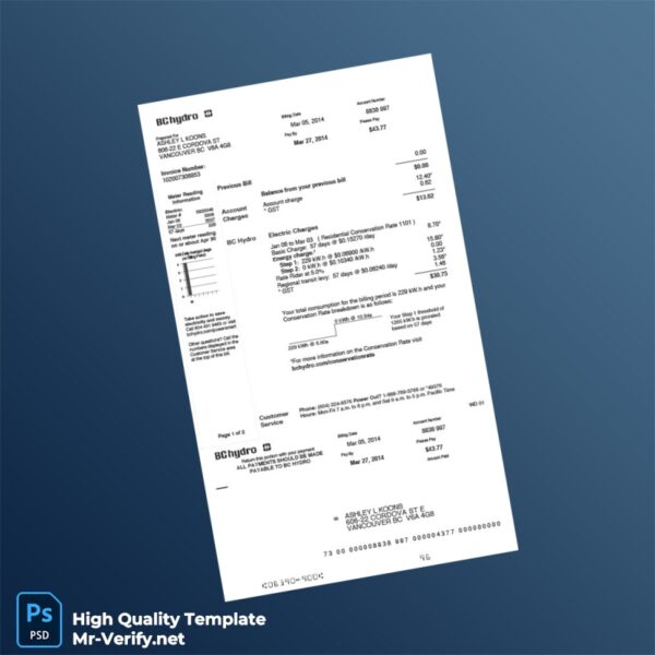 Canada BC Hydro Editable Utility Bill Template in Word and PDF formats