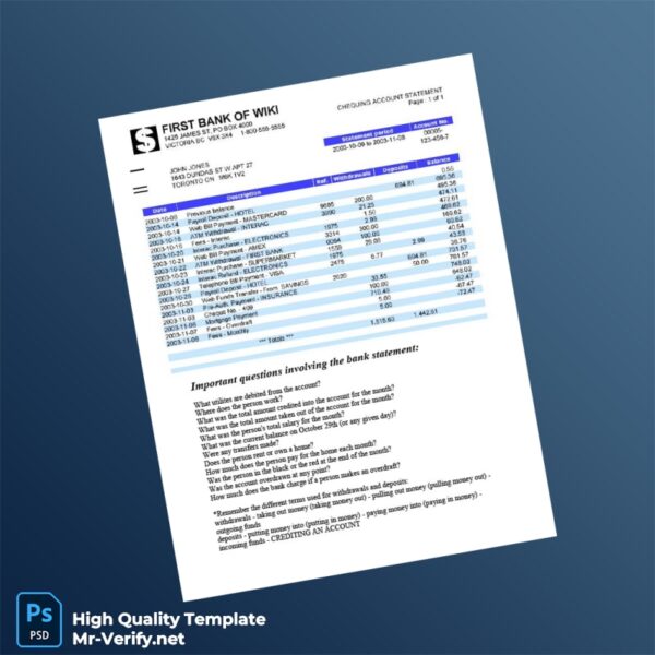 Canada Bank Statement Template in Word and PDF formats