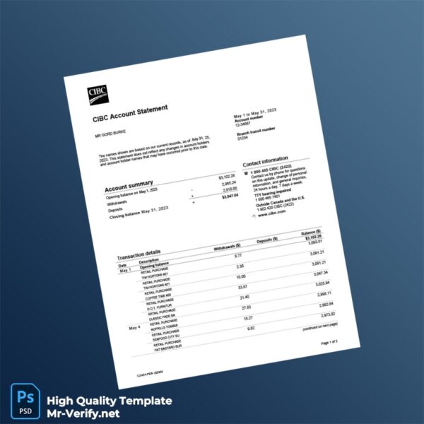 Canada CIBC Bank Statement Template in Word and PDF formats Canada CIBC Bank Statement Template in Word and PDF formats