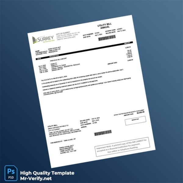 Canada City of Surrey Editable Water Bill Template in Word and PDF formats Canada City of Surrey Editable Water Bill Template in Word and PDF formats