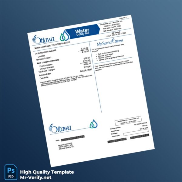 Canada City of Ottawa Editable Water Bill Template in Word and PDF formats