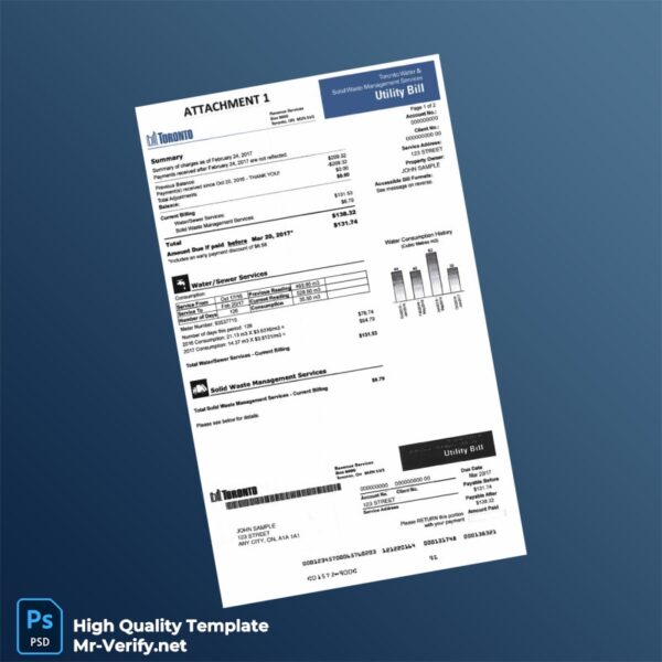 Canada City of Toronto Editable Water Bill Template in Word and PDF formats