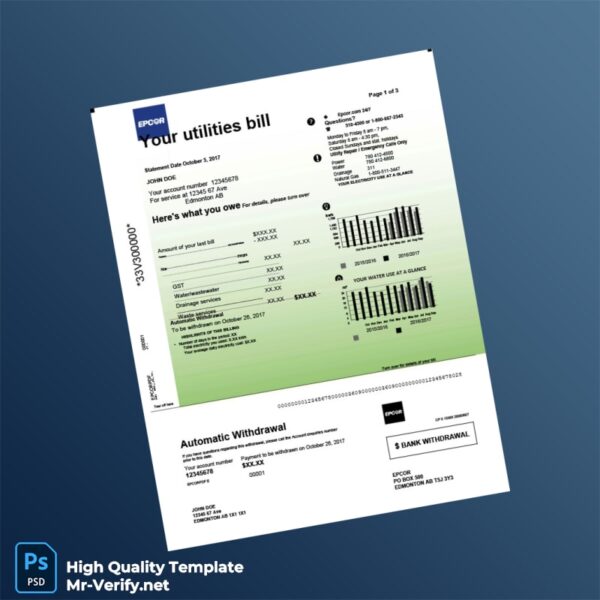 Canada EPCOR Editable Utility Bill Template in Word and PDF formats