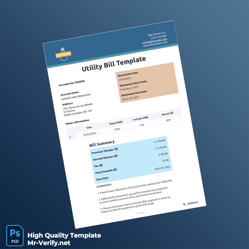 Canada Editable Utility Bill Template in Word and PDF formats Canada Editable Utility Bill Template in Word and PDF formats