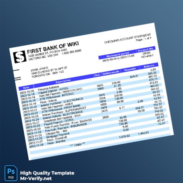 Canada First Bank Statement Template in Word and PDF formats