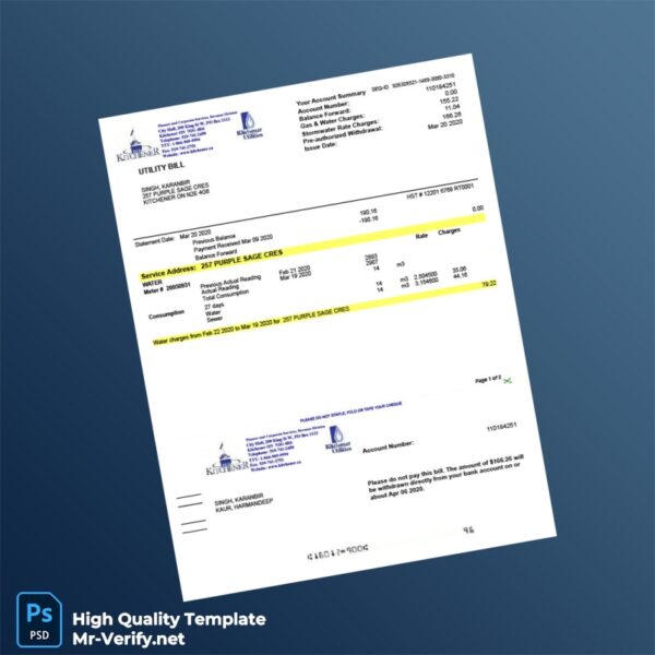Canada Kitchener Utilities Editable Utility Bill Template in Word and PDF formats Canada Kitchener Utilities Editable Utility Bill Template in Word and PDF formats