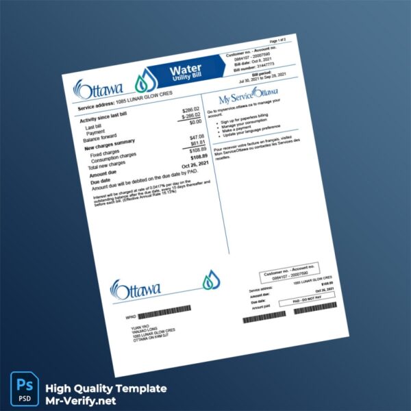 Canada Ottawa Editable Water Bill Template in Word and PDF formats Canada Ottawa Editable Water Bill Template in Word and PDF formats