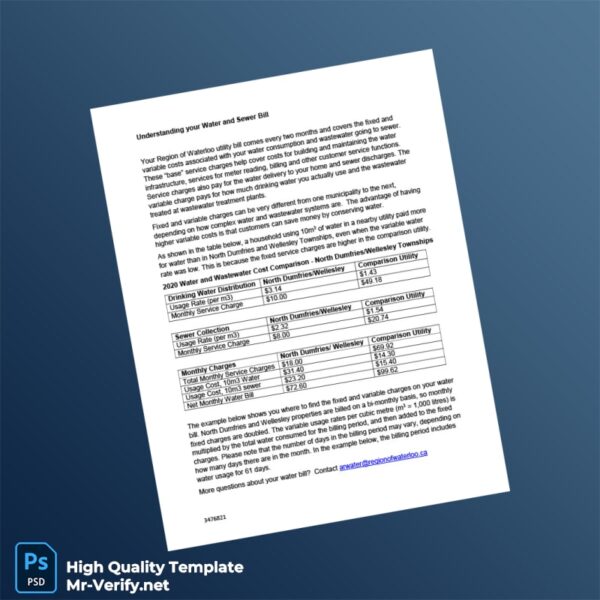 Canada Region of Waterloo Editable Water Bill Template in Word and PDF formats Canada Region of Waterloo Editable Water Bill Template in Word and PDF formats