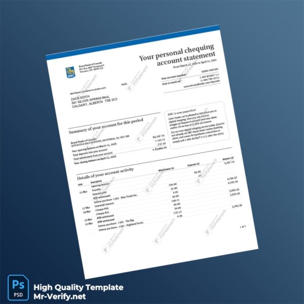 Canada Royal Bank of Canada Account Statement Template in Word and PDF formats Canada Royal Bank of Canada Account Statement Template in Word and PDF formats