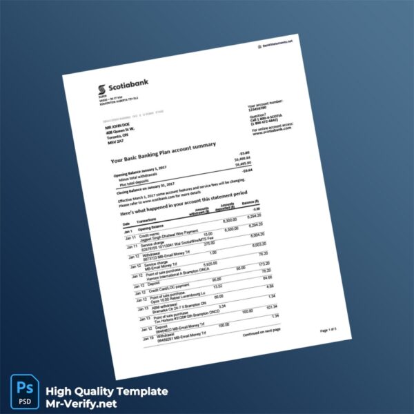 Canada Scotiabank Bank Statement Template in Word and PDF formats