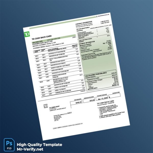 Canada TD Bank Credit Card Statement Template in Word and PDF formats