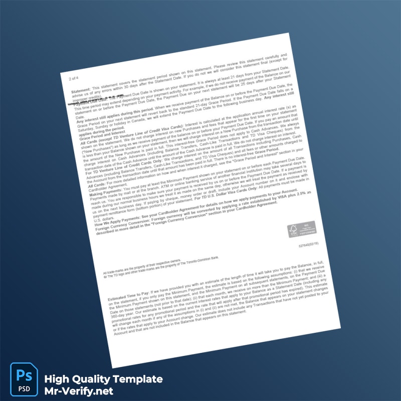 Canada TD Bank Credit Card Statement Template in Word and PDF formats page 2 Canada TD Bank Credit Card Statement Template in Word and PDF formats page 2