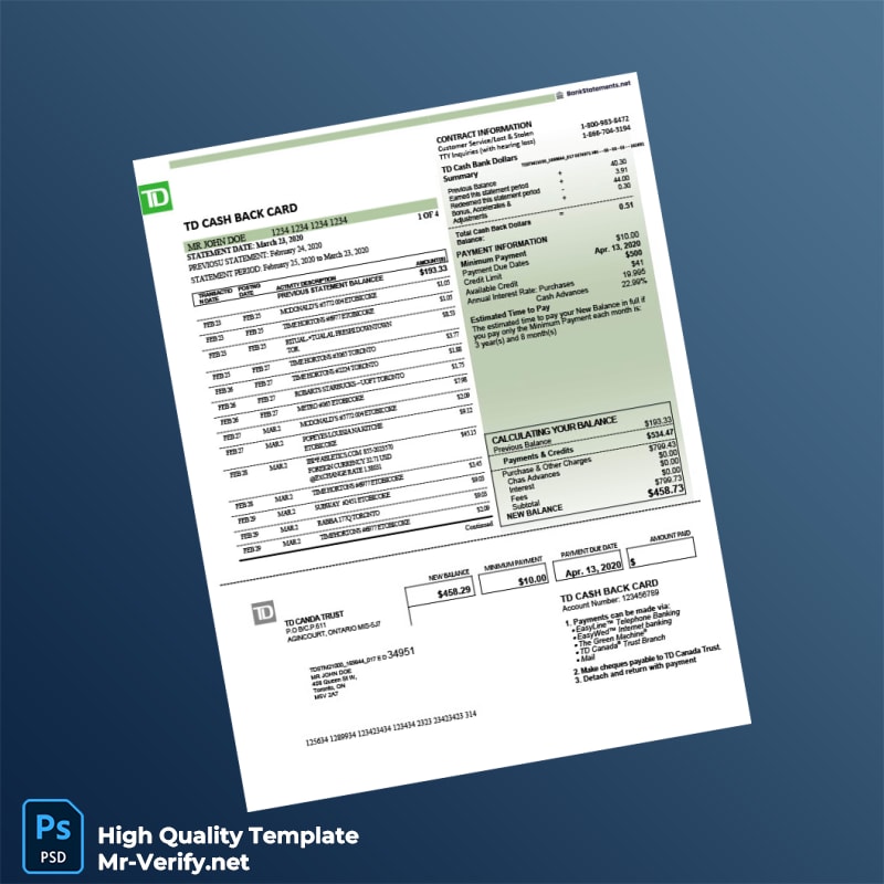 Canada TD Bank Credit Card Statement Template in Word and PDF formats Canada TD Bank Credit Card Statement Template in Word and PDF formats