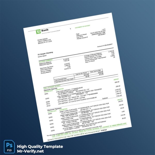 Canada TD Bank Statement Template in Word and PDF formats