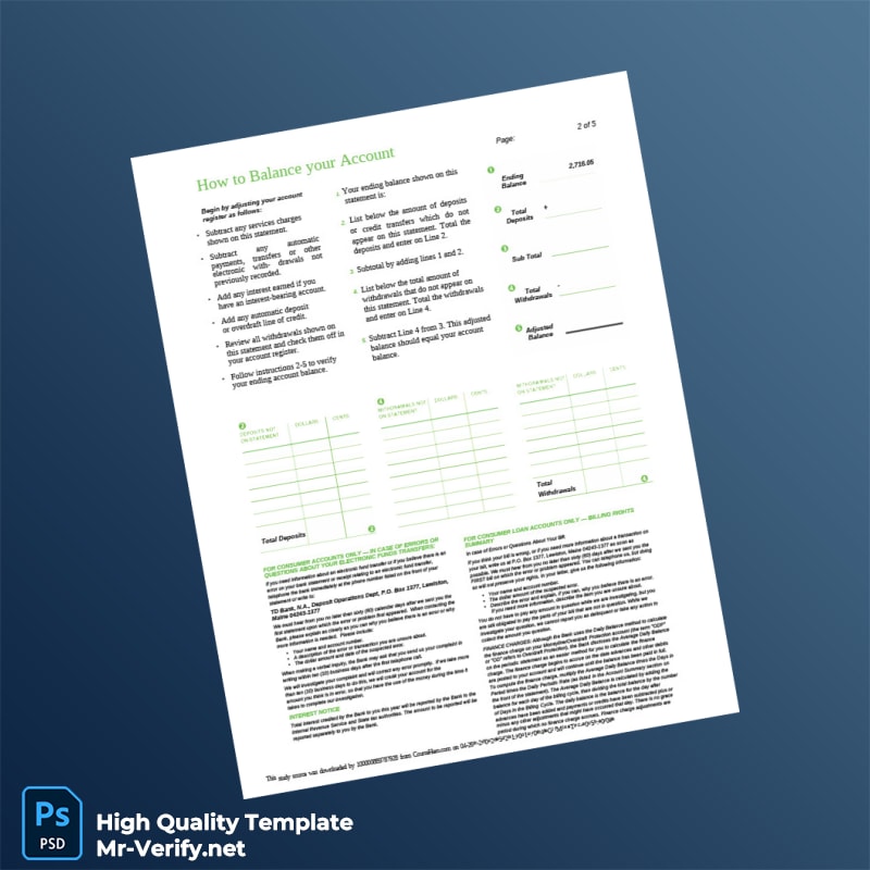 Canada TD Bank Statement Template in Word and PDF formats page 2 Canada TD Bank Statement Template in Word and PDF formats page 2