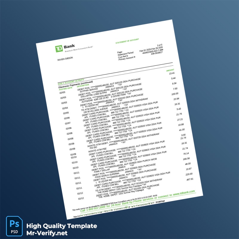 Canada TD Bank Statement Template in Word and PDF formats page 4 Canada TD Bank Statement Template in Word and PDF formats page 4