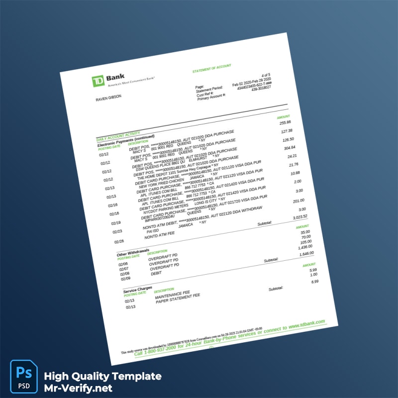 Canada TD Bank Statement Template in Word and PDF formats page 5 Canada TD Bank Statement Template in Word and PDF formats page 5