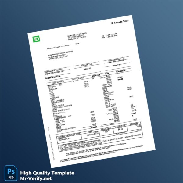 Canada TD Canada Trust Bank Statement Template in Word and PDF formats Canada TD Canada Trust Bank Statement Template in Word and PDF formats