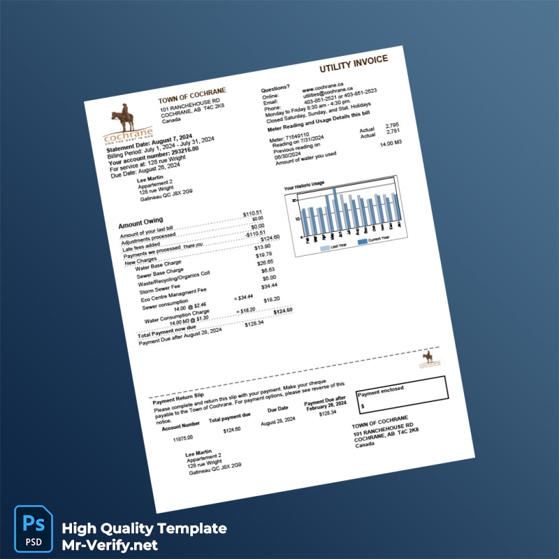 Canada Town of Cochrane Editable Water Bill Template in Word and PDF formats Canada Town of Cochrane Editable Water Bill Template in Word and PDF formats