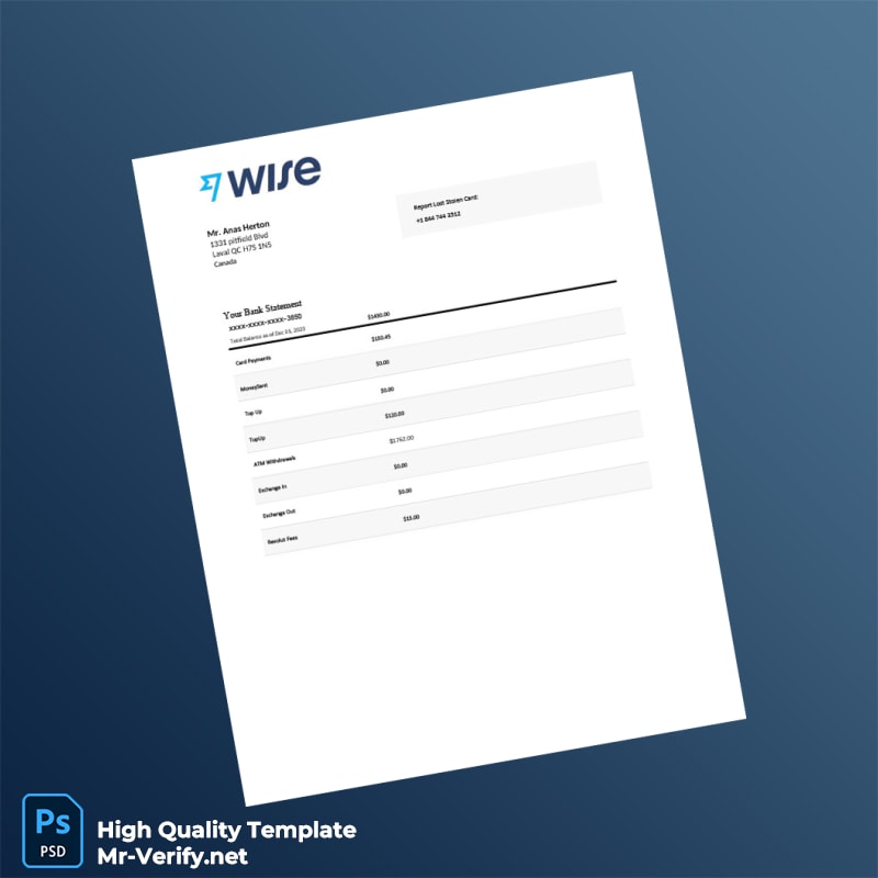 Canada Wise Bank Statement Template in Word and PDF formats Canada Wise Bank Statement Template in Word and PDF formats