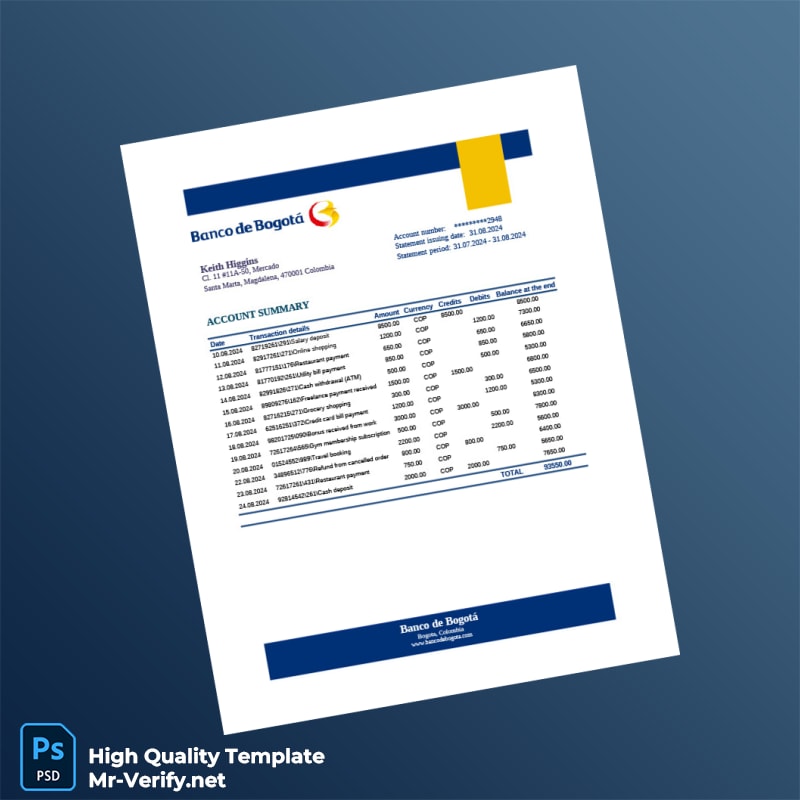 Colombia Banco de Bogotá Editable Account Statement Template in Word and PDF formats Colombia Banco de Bogotá Editable Account Statement Template in Word and PDF formats