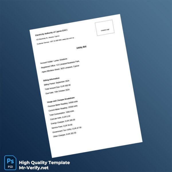 Cyprus EAC Editable Utility Bill Template in Word and PDF formats