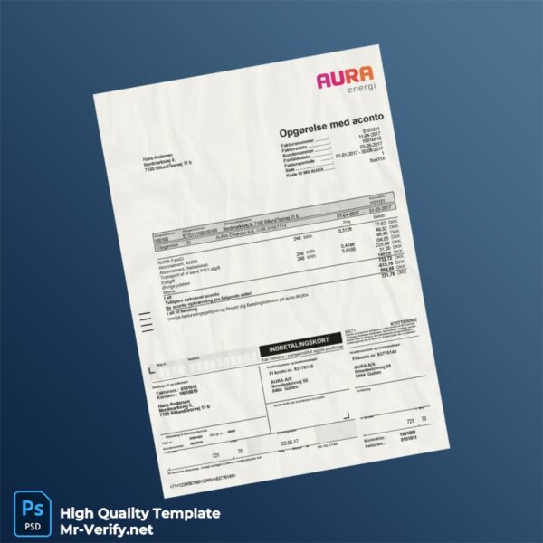 Denmark Aura Elhandels A_S Editable Utility Bill Template in Word and PDF formats Denmark Aura Elhandels A_S Editable Utility Bill Template in Word and PDF formats