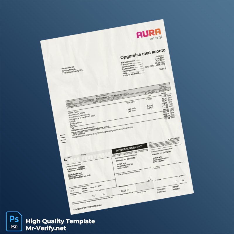 Denmark Aura Elhandels A_S Editable Utility Bill Template in Word and PDF formats Denmark Aura Elhandels A_S Editable Utility Bill Template in Word and PDF formats
