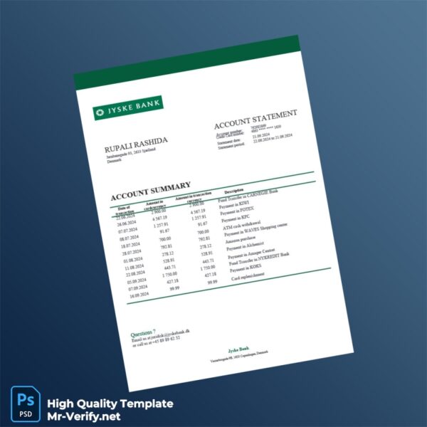 Denmark Jyske Bank Account Statement Template in Word and PDF formats