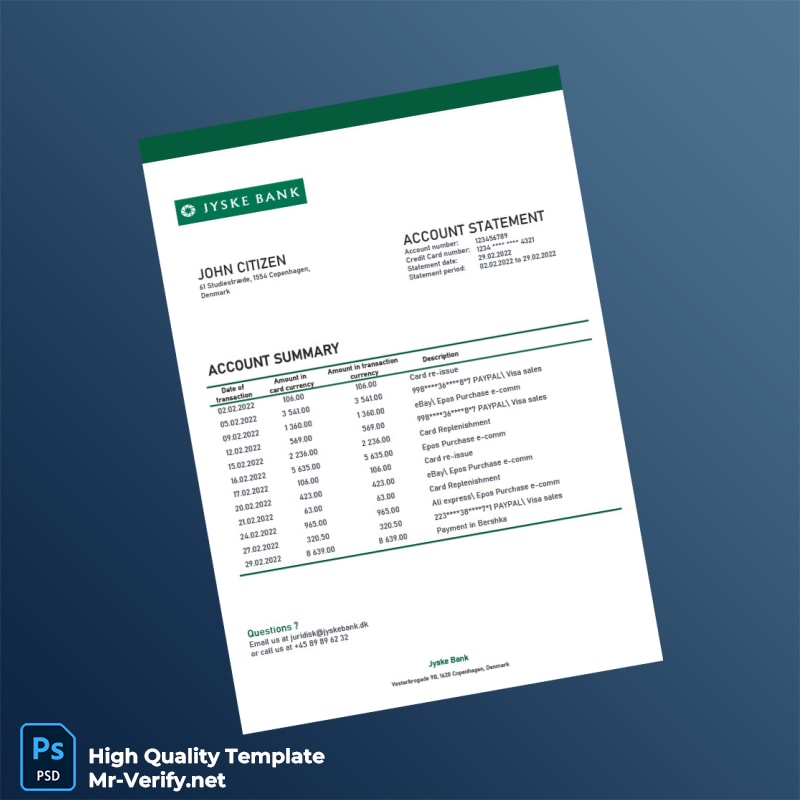 Denmark Jyske Bank Credit Card Statement Template in Word and PDF formats Denmark Jyske Bank Credit Card Statement Template in Word and PDF formats