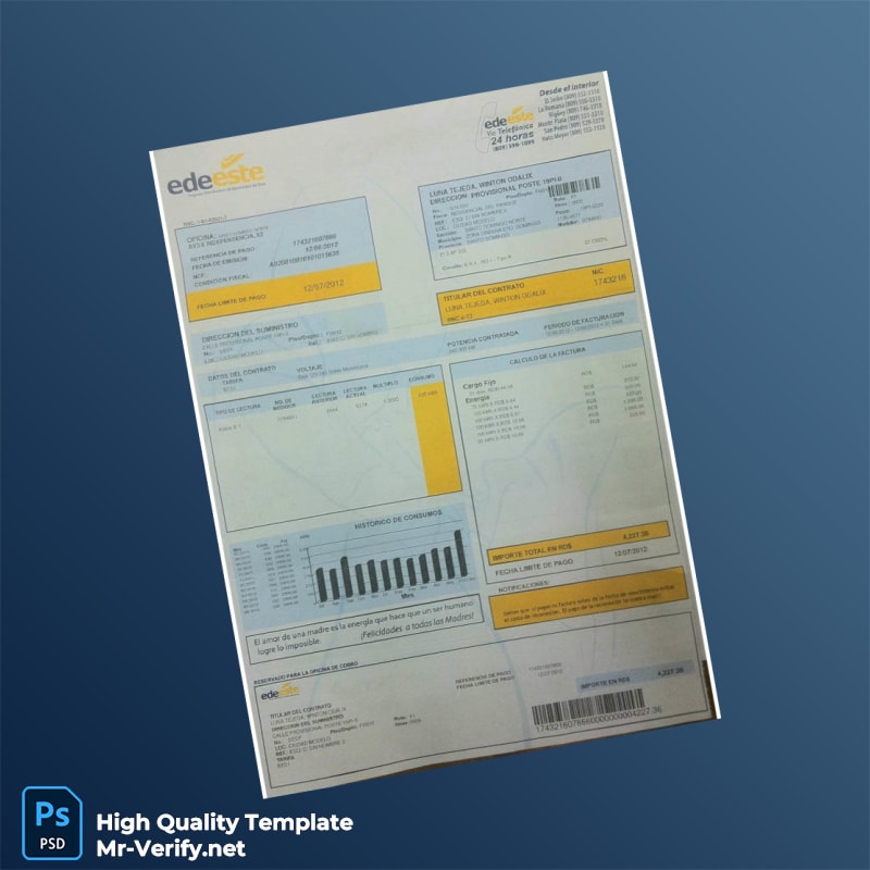 Dominican Republic EdeEste Editable Bill Template in Word and PDF formats Dominican Republic EdeEste Editable Bill Template in Word and PDF formats
