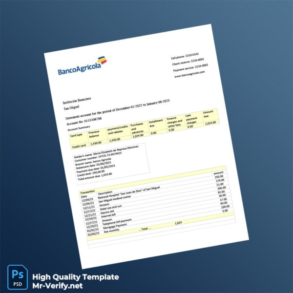 El Salvador Banco Agrícola Credit Card Statement Template in Word and PDF formats El Salvador Banco Agrícola Credit Card Statement Template in Word and PDF formats