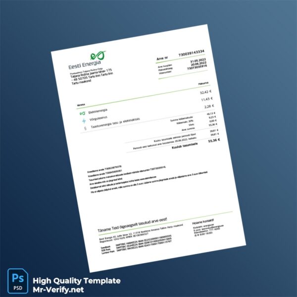 Estonia Eesti Energia Editable Utility Bill Template in Word and PDF formats