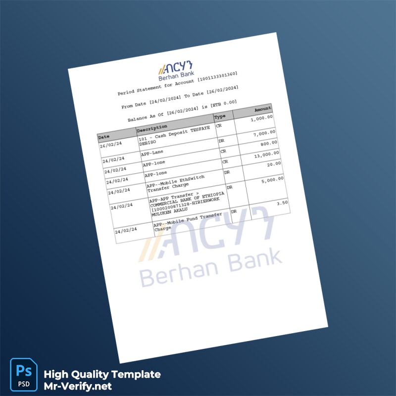 Ethiopia Berhan Bank Statement Template in Word and PDF formats Ethiopia Berhan Bank Statement Template in Word and PDF formats