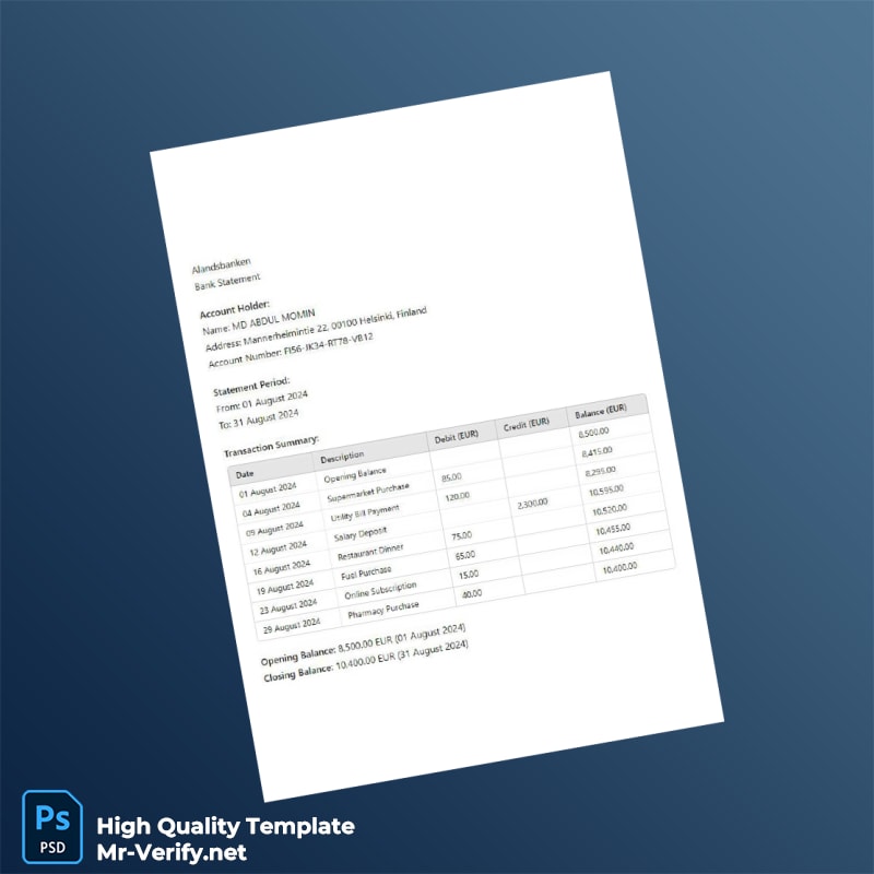 Finland Alandsbanken Editable Bank Statement Template in Word and PDF formats Finland Alandsbanken Editable Bank Statement Template in Word and PDF formats