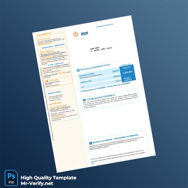 France EDF Editable Electricity Bill Template in Word and PDF formats France EDF Editable Electricity Bill Template in Word and PDF formats