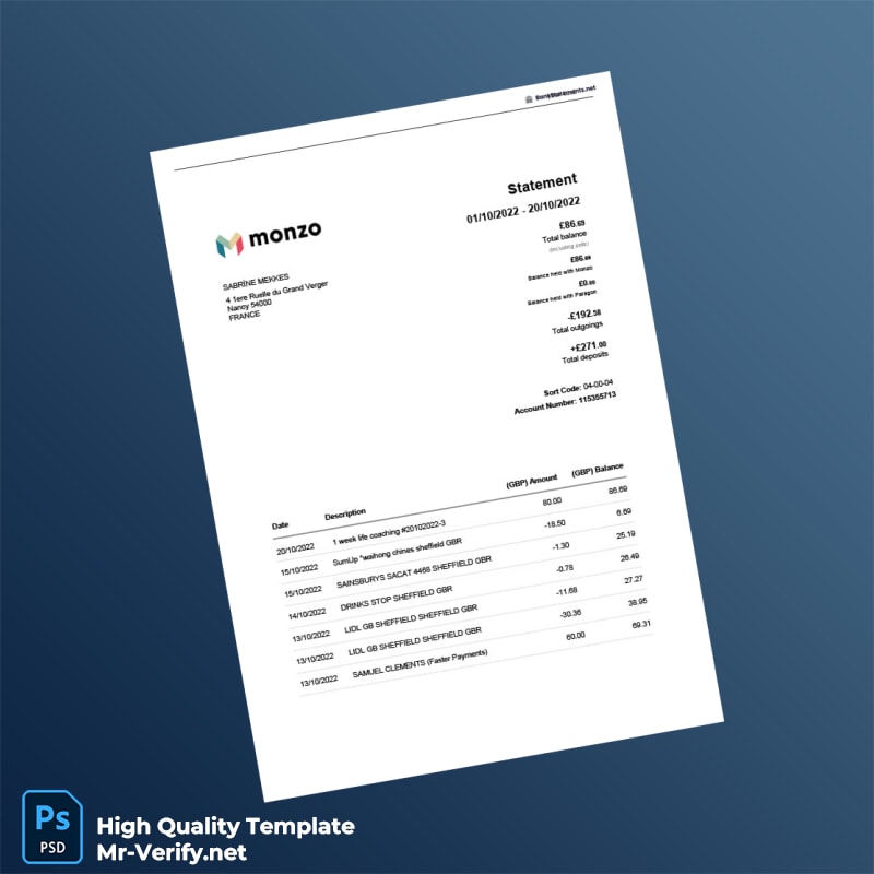 France Monzo Bank Statement Template in Word and PDF formats France Monzo Bank Statement Template in Word and PDF formats