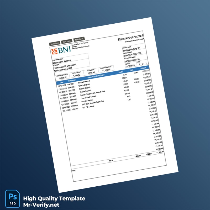 Germany Deutsche Bank AG Bank Statement Template in Word and PDF formats Germany Deutsche Bank AG Bank Statement Template in Word and PDF formats