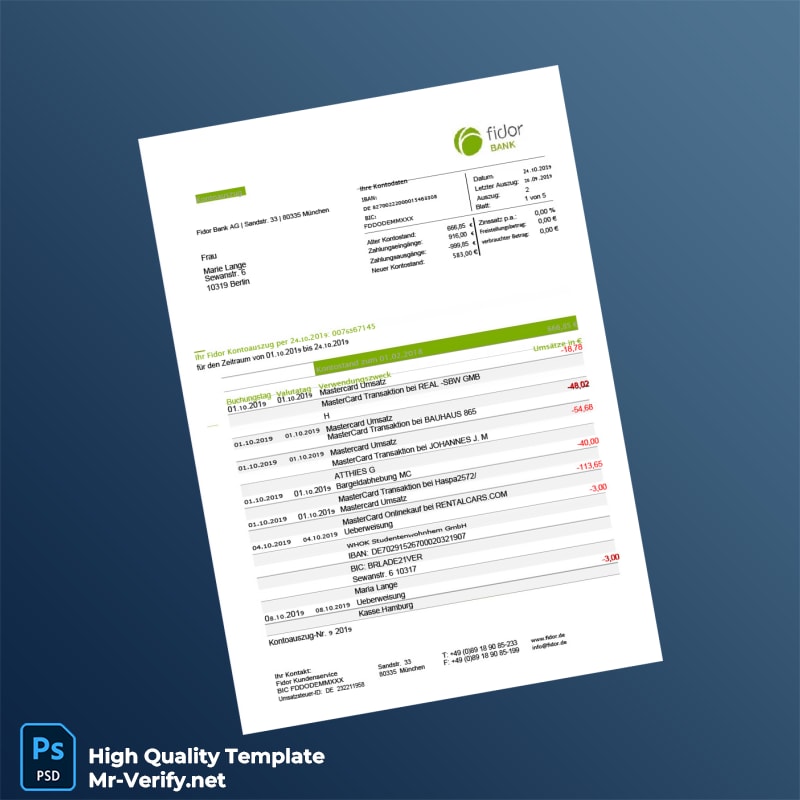 Germany Fidor Bank Statement Template in Word and PDF formats Germany Fidor Bank Statement Template in Word and PDF formats