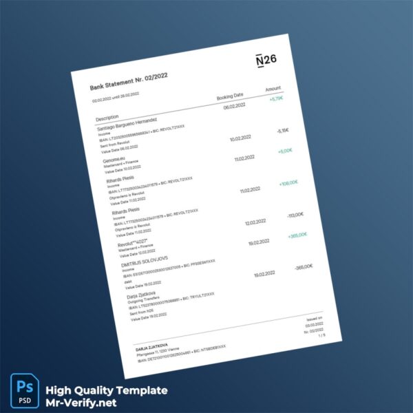 Germany N26 Bank Statement Template in Word and PDF formats Germany N26 Bank Statement Template in Word and PDF formats