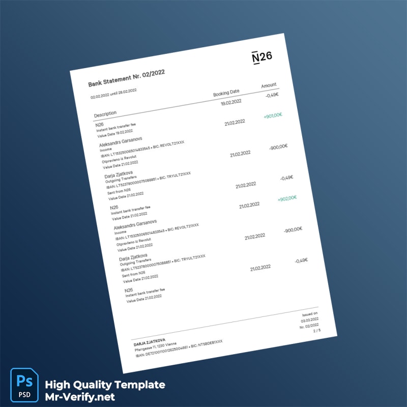 Germany N26 Bank Statement Template in Word and PDF formats page 2 Germany N26 Bank Statement Template in Word and PDF formats page 2