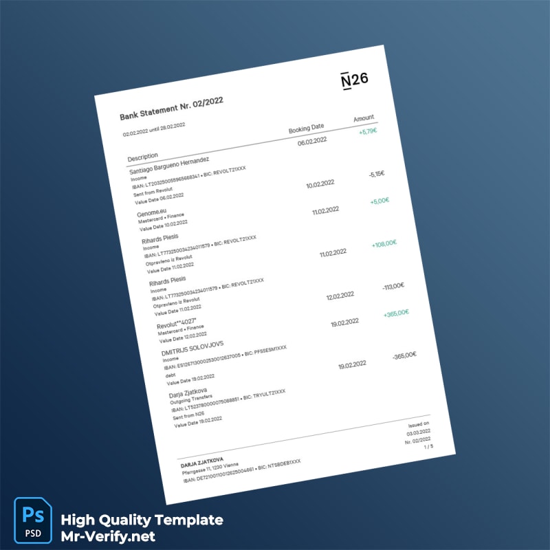 Germany N26 Bank Statement Template in Word and PDF formats Germany N26 Bank Statement Template in Word and PDF formats