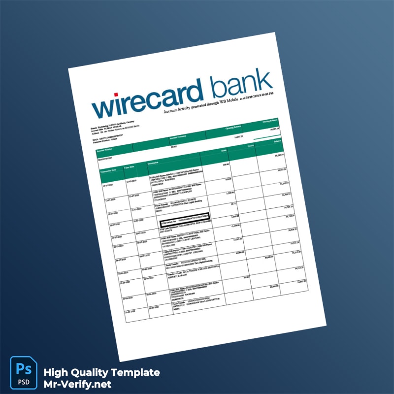 Germany Wirecard Bank Editable Bank Statement Template in Word and PDF formats Germany Wirecard Bank Editable Bank Statement Template in Word and PDF formats