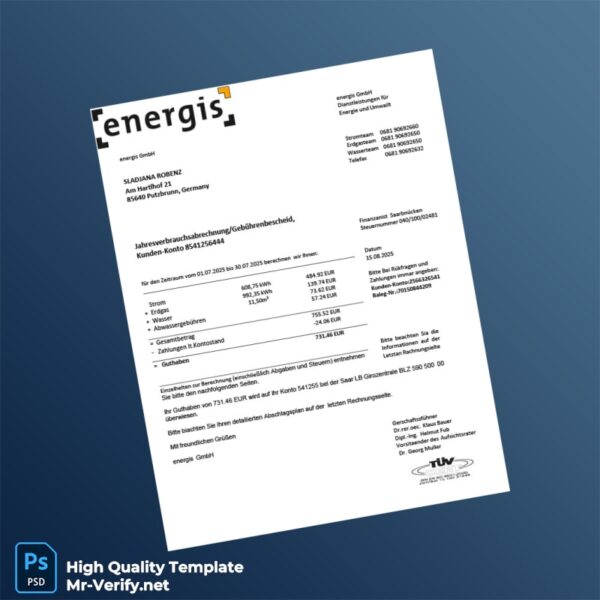 Germany energis GmbH Editable Utility Business Bill Template in Word and PDF formats Germany energis GmbH Editable Utility Business Bill Template in Word and PDF formats