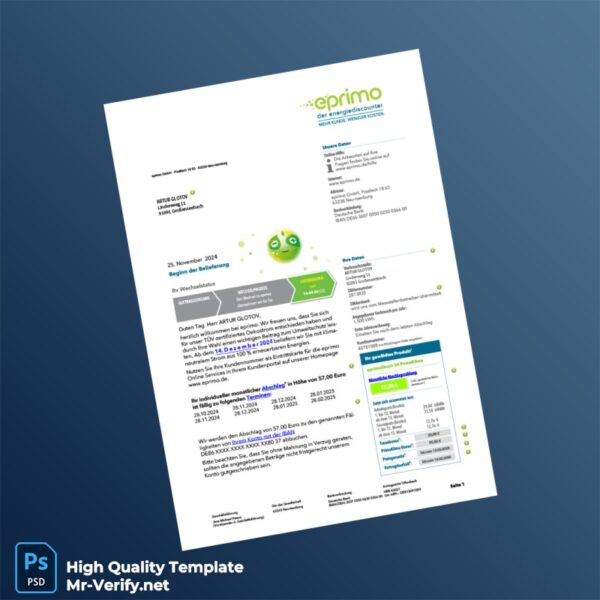 Germany eprimo Editable Electricity Bill Template in Word and PDF formats Germany eprimo Editable Electricity Bill Template in Word and PDF formats
