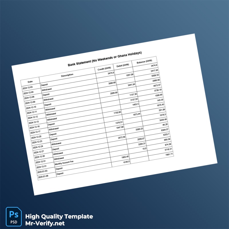 Ghana Bank Statement No Weekends Holidays Template in Word and PDF formats Ghana Bank Statement No Weekends Holidays Template in Word and PDF formats