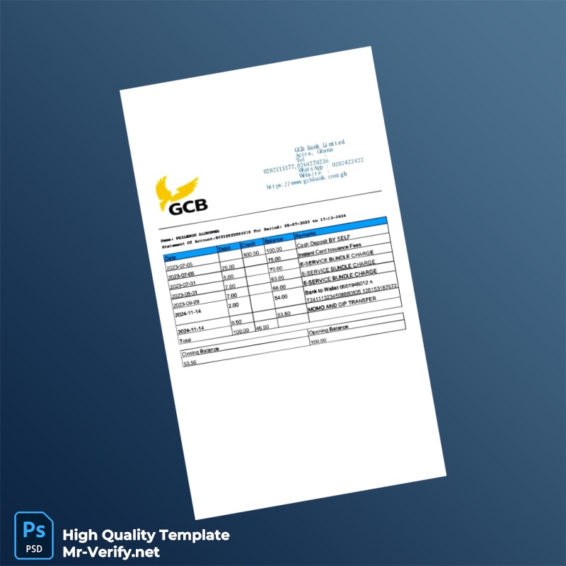 Ghana GCB Bank Statement Template in Word and PDF formats Ghana GCB Bank Statement Template in Word and PDF formats