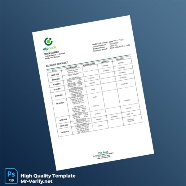 Hungary OTP Bank Statement Template in Word and PDF formats